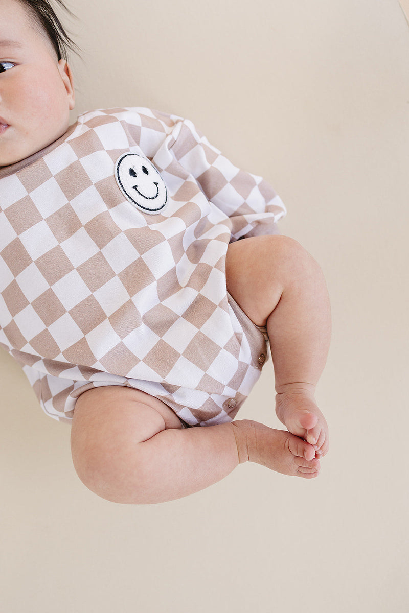 Bubble Romper | Checkered Smiley Latte