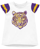 Shimmer Ruffle Sleeve Tiger Sequin Tee – Purple & Gold Game Day Top