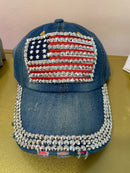WOMAN'S DENIM BALL CAP WITH RHINESTONE AMERICAN FLAG