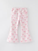 Fall Girls Pink Bow Print Elastic Flared Jeans Denim pant