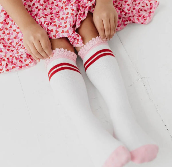 Cherry stripe lace top knee high socks