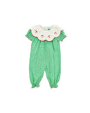 Hazel Blue Dark Green Micro Check Gingham Romper with Embroidered Santa Scalloped Bib Collar and Picot Trim