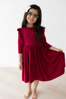 SALE Burgundy 3/4 Sleeve Ruffle Twirl Dress