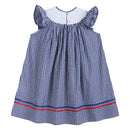 4th of July Royal Blue Gingham American Flag Smocked Bishop Dress