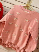 Pearl Bows Crew Neck Sweater – Pink Knit Girls Top