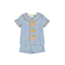 Hazel Blue Blue Micro Check Short Set with Pumpkin Applique