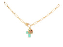 Kids 14" Gold Lobster Claw, Smiley Face and Teal Cross, Gold Hammered Necklace