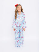 Disco Cherries Long Sleeve Pajama Pant Set – Light Blue Satin Girls Pajamas