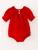 Girls Bow Smocking Embroidered Red Romper