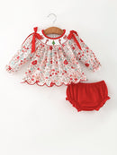 Christmas Red Floral Baby Girl Outfit Set Embroidery Bloomer Set