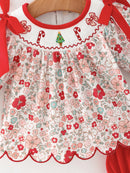 Christmas Red Floral Baby Girl Outfit Set Embroidery Bloomer Set