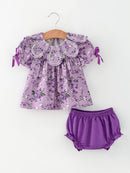 Floral Girls Outfit Set Purple Puff Sleeve Top Bloomers Set