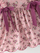 Fall Purple Rose Floral Girl Dress Bow Ruffle Long Sleeve Scalloped Hem