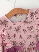 Fall Purple Rose Floral Girl Dress Bow Ruffle Long Sleeve Scalloped Hem
