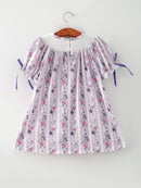 Fall Purple Floral Smocked Embroidered Girl Dress