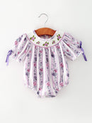 Fall Purple Floral Smocked Embroidered Baby Girl Romper