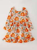 Girls FALL Pumpkin Print Long Sleeve Dress