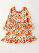 Girls FALL Pumpkin Print Long Sleeve Dress