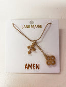 Ruth "Amen" Twist Chain Necklace – Gold with Clear Crystal Cross & Quatrefoil Charm (16" + 3" Ext)