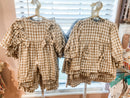 Evelyn Romper – Khaki Gingham Baby Girl Outfit