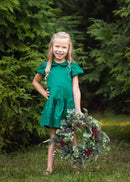 Girls Emerald Green Peter Pan Collar Christmas Dress | Pearl Holiday Party Dress