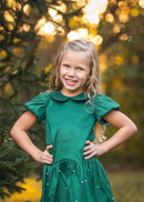 Girls Emerald Green Peter Pan Collar Christmas Dress | Pearl Holiday Party Dress