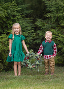Girls Emerald Green Peter Pan Collar Christmas Dress | Pearl Holiday Party Dress