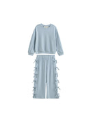 Girls Light Blue Textured Bow Lounge Set | Toddler & Little Girls Two Piece Outfit | Fall Boutique Clothing
