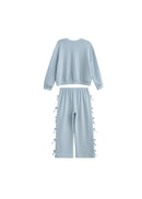 Girls Light Blue Textured Bow Lounge Set | Toddler & Little Girls Two Piece Outfit | Fall Boutique Clothing