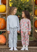 Girls Light Blue Textured Bow Lounge Set | Toddler & Little Girls Two Piece Outfit | Fall Boutique Clothing