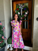 Umgee Floral Maxi Dress – Ruffle Sleeve Watercolor Print (Size Large)
