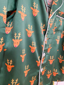 Green Reindeer Satin Loungewear Set – Two-Piece Holiday Pajamas