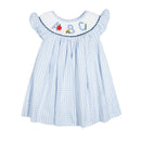 Girls ABC Smocked Dress – Light Blue Gingham Back-to-School Bishop Dress | The Prissy Pelican Boutique Bossier City, LA