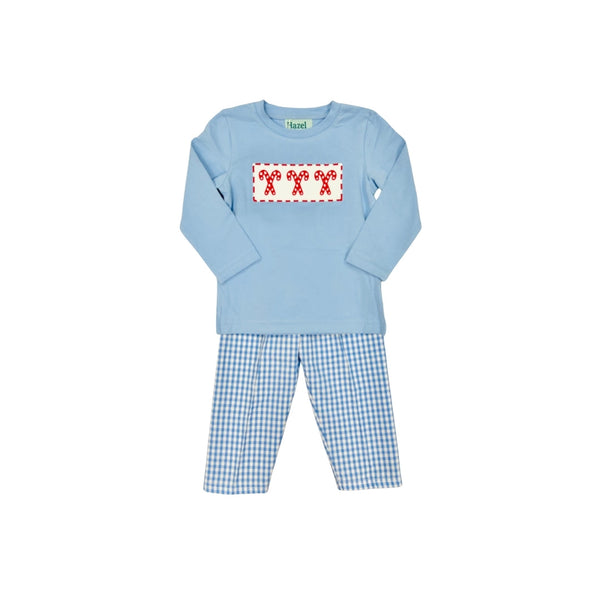 Hazel Blue Blue Gingham Candy Cane Embroidered Pant Set
