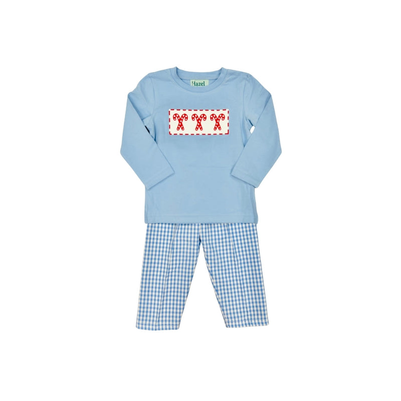 Hazel Blue Blue Gingham Candy Cane Embroidered Pant Set