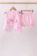 Pink stripe seersucker flamingo embroidery scalloped bloomer set