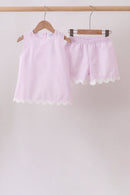 Pink Seersucker Stripe Scalloped Shorts Set
