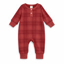 Red Plaid Baby Boy Henley Romper In Soft Cotton Rib