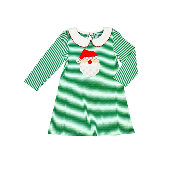 Hazel Blue Green Stripe Dress with Santa Applique