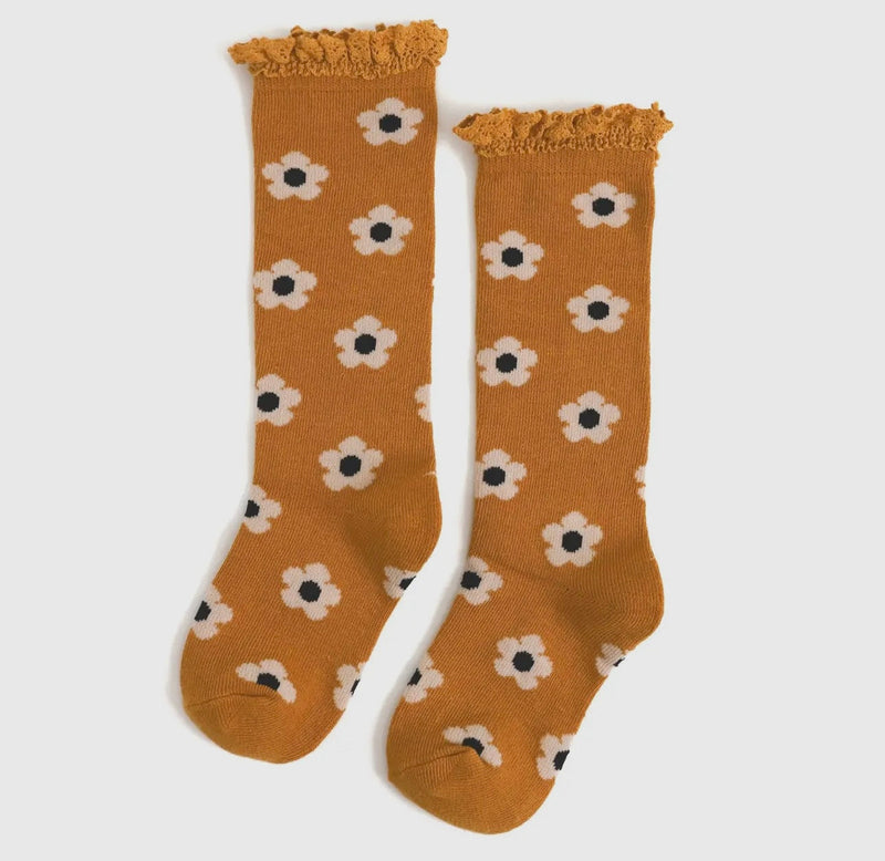 Mustard floral lace top knee high socks