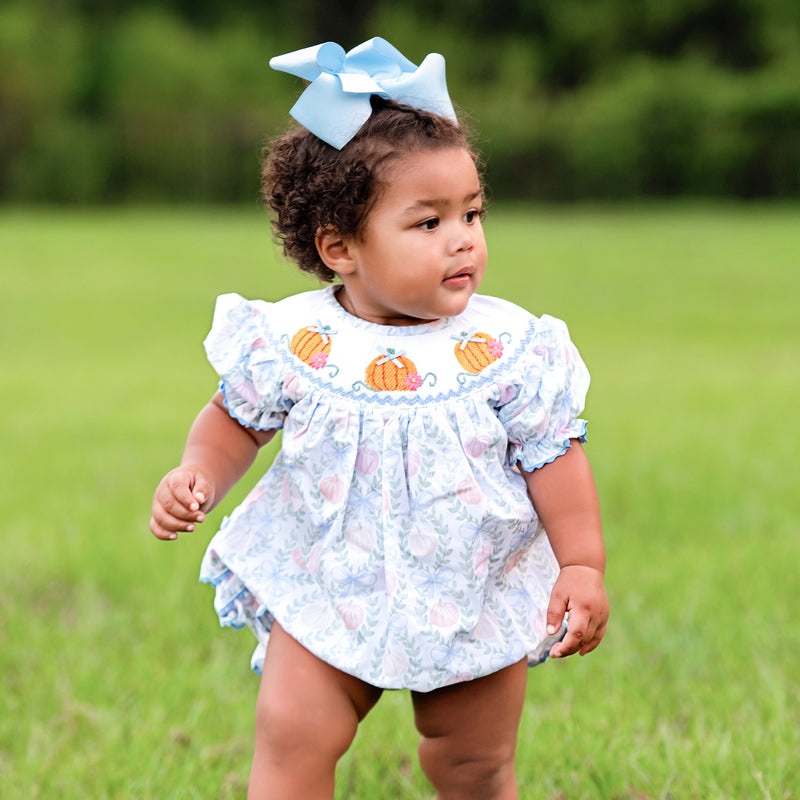 Girls Blue Smocked Pumpkin Bubble