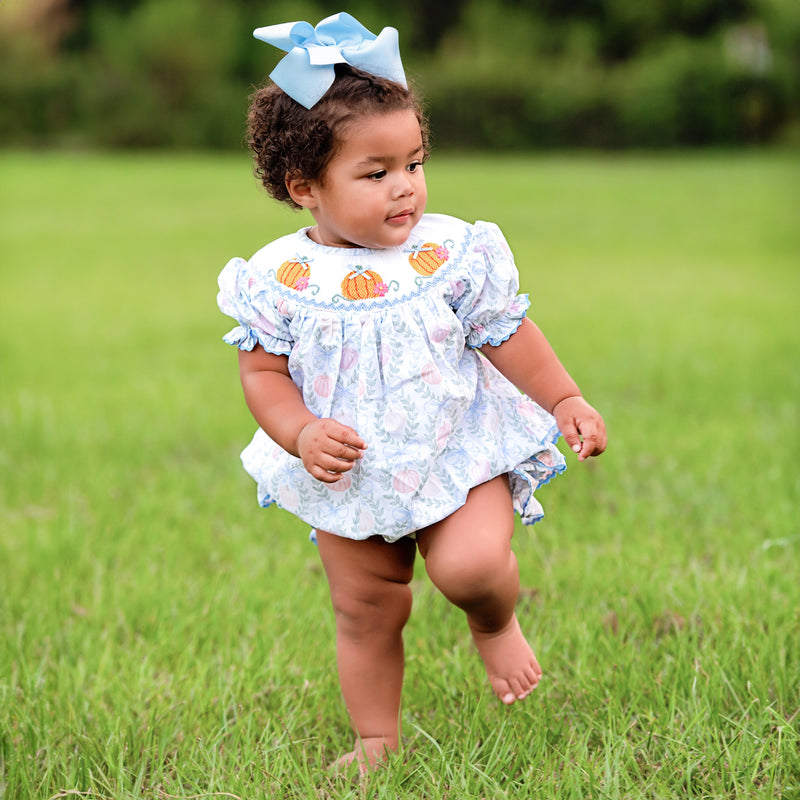 Girls Blue Smocked Pumpkin Bubble