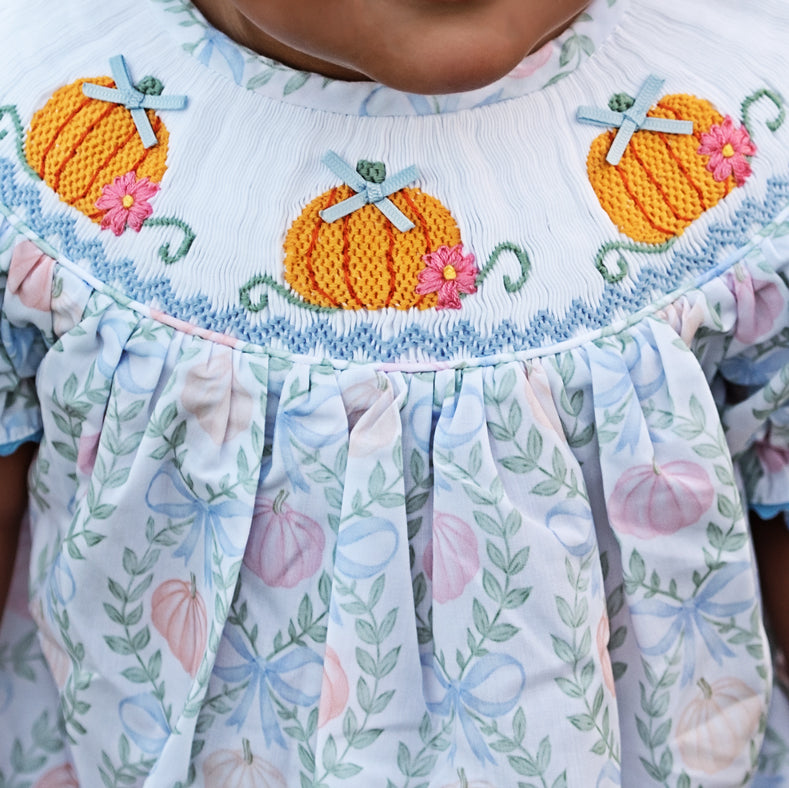 Girls Blue Smocked Pumpkin Bubble