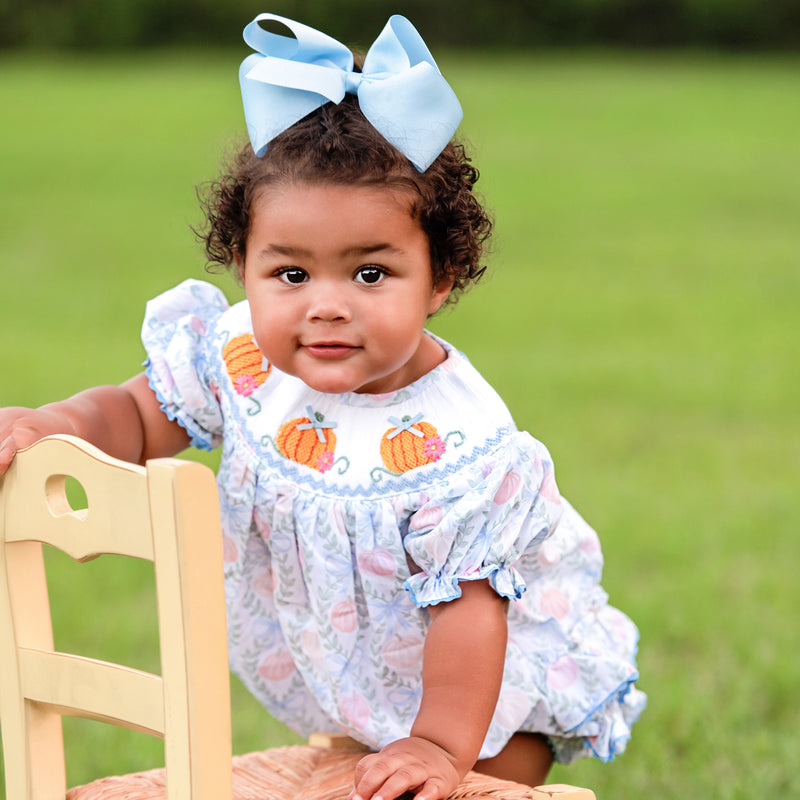 Girls Blue Smocked Pumpkin Bubble