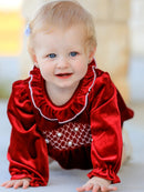 Christmas Velvet Smocked Baby Bubble Romper with Pearl Detail