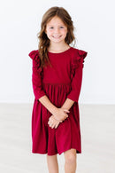 SALE Burgundy 3/4 Sleeve Ruffle Twirl Dress