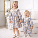 Blue Floral Vintage Linen Baby Romper With Lace Collar