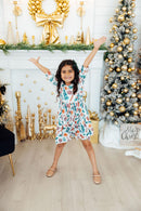 Classic Christmas 3/4 Sleeve Ruffle Twirl Dress