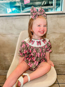 Smocked camo bows romper