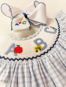 Girls ABC Smocked Dress – Light Blue Gingham Back-to-School Bishop Dress | The Prissy Pelican Boutique Bossier City, LA